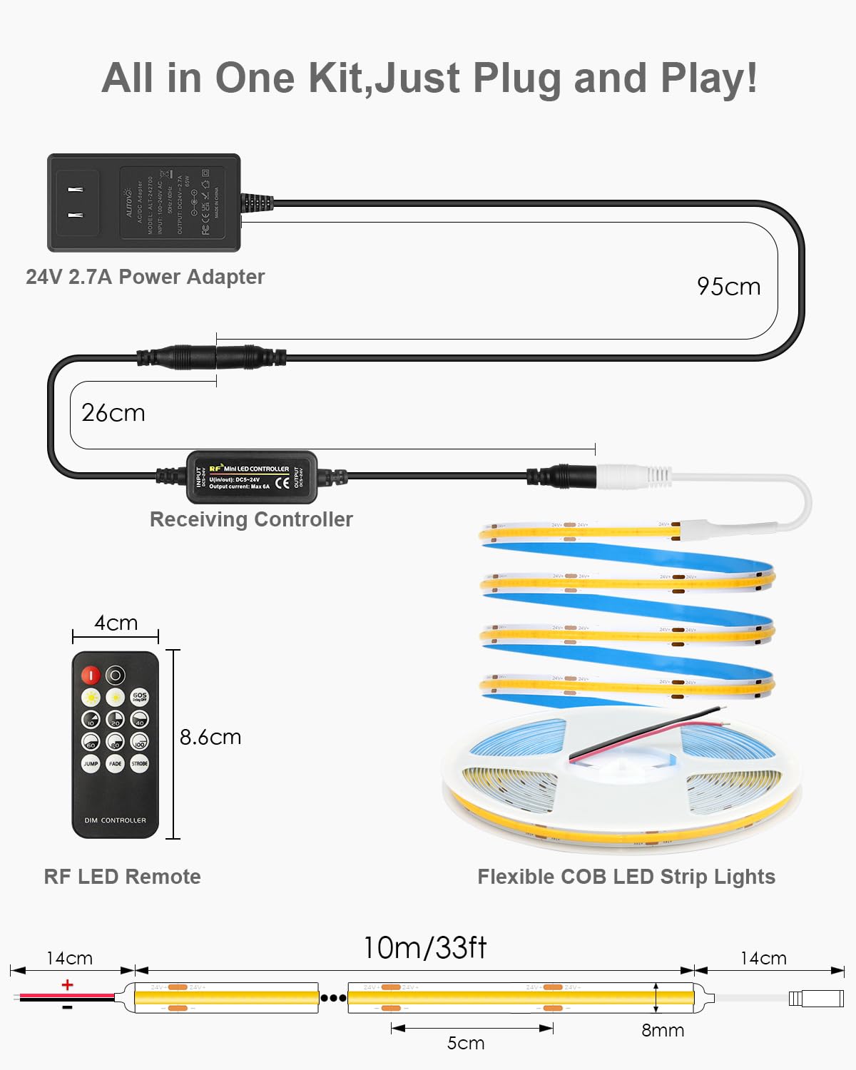 ALITOVE 32.8ft COB LED Lights for Bedroom with Remote Warm White 3000K Dimmable LED Strip Lights CRI90+ High Density 3200LEDs Flexible 24V LED Tape Light for Cabinet Home Indoor Lighting Decoration