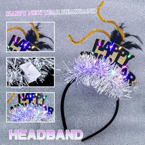 Abien Light Up Happy New Year Headbands Glitter Beer Hairband LED Hat Feather Headhoop New Year Party for Women