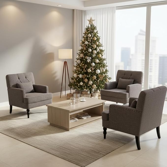 HUIMO Tufted Club Chair with Lumbar Pillow,Upholstered Button Armchair,Accent Reading Chair,Linen Fabric Sofa Chairs for Bedroom, Living Room, Mid Century Modern with Studded Chair Grey