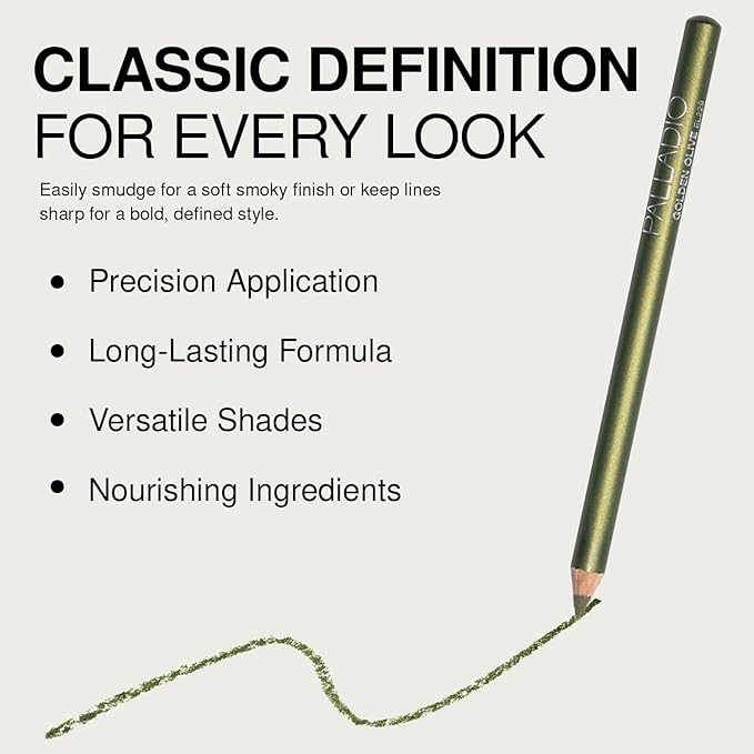 Palladio Wooden Eyeliner Pencil, Thin Pencil Shape, Easy Application, Firm yet Smooth Formula, Perfectly Outlined Eyes, Contour and Line, Long Lasting, Rich Pigment, Golden Olive