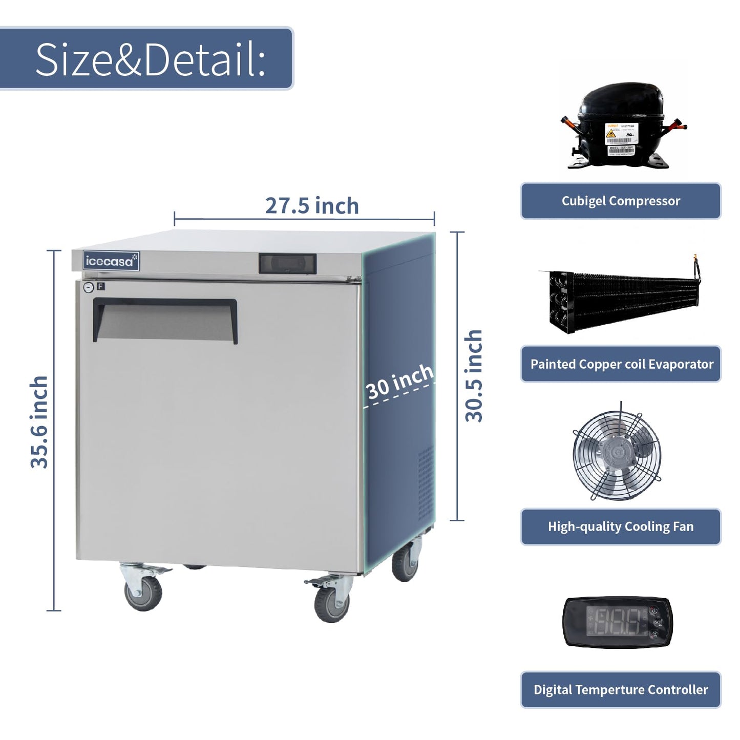 ICECASA 27" W Commercial Freezer Worktop Undercounter Single Door Stainless Steel Counter Fan Cooling Freezer 7 Cu.ft for Restaurant, Bar, Shop, etc