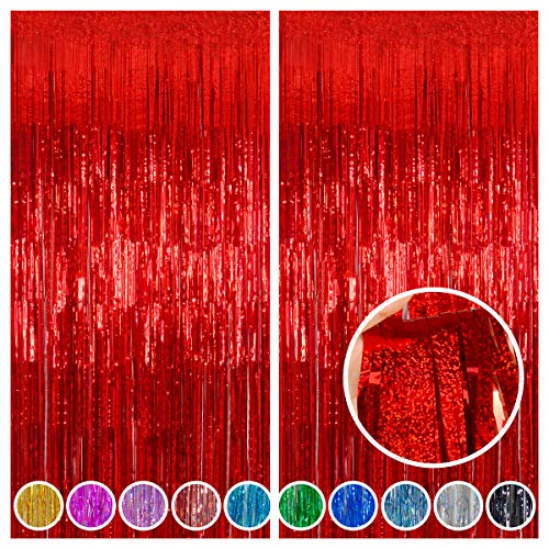 Valentines Day Backdrop Valentines Day Decorations, Melsan Red Tinsel Foil Fringe Curtains Backdrop, 3.2 ft x 8 ft Sparkle...