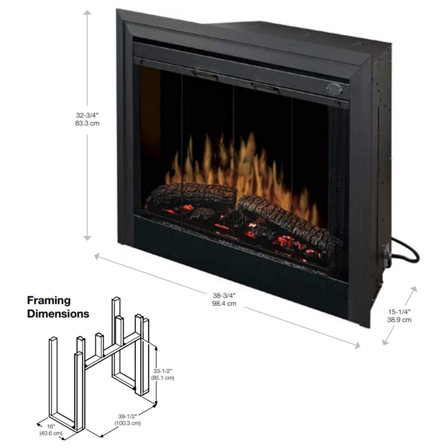 Dimplex BF Series 39" Standard Built-in Electric Firebox (Model: BF39STP), 4915/7170/9220 BTU, 120/208/240 Volt, 1440/2100/2700 Watt, Black