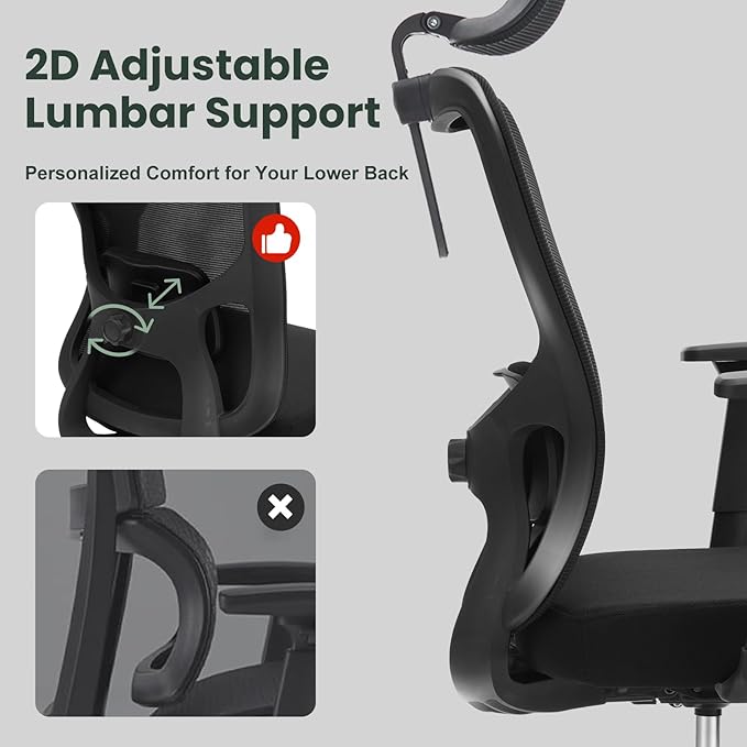 ZYFFHYLAI Ergonomic Office Chair - 350LB Mesh Office Chair with Adjustable Lumbar, High Back Computer Desk Chair with 3D Armrests, Comfy Chair with 2D Headrest & Tilt Function for Study, Work, Gaming
