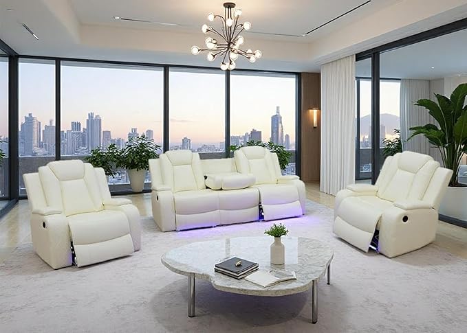 Toseslo Living Room Furniture Sets, Power Recliner Sofa Set with LED Light, Black Leather Sofa and 2 Chairs Set, Modern Power Reclining Sets with Storage Console for House,Creamy White