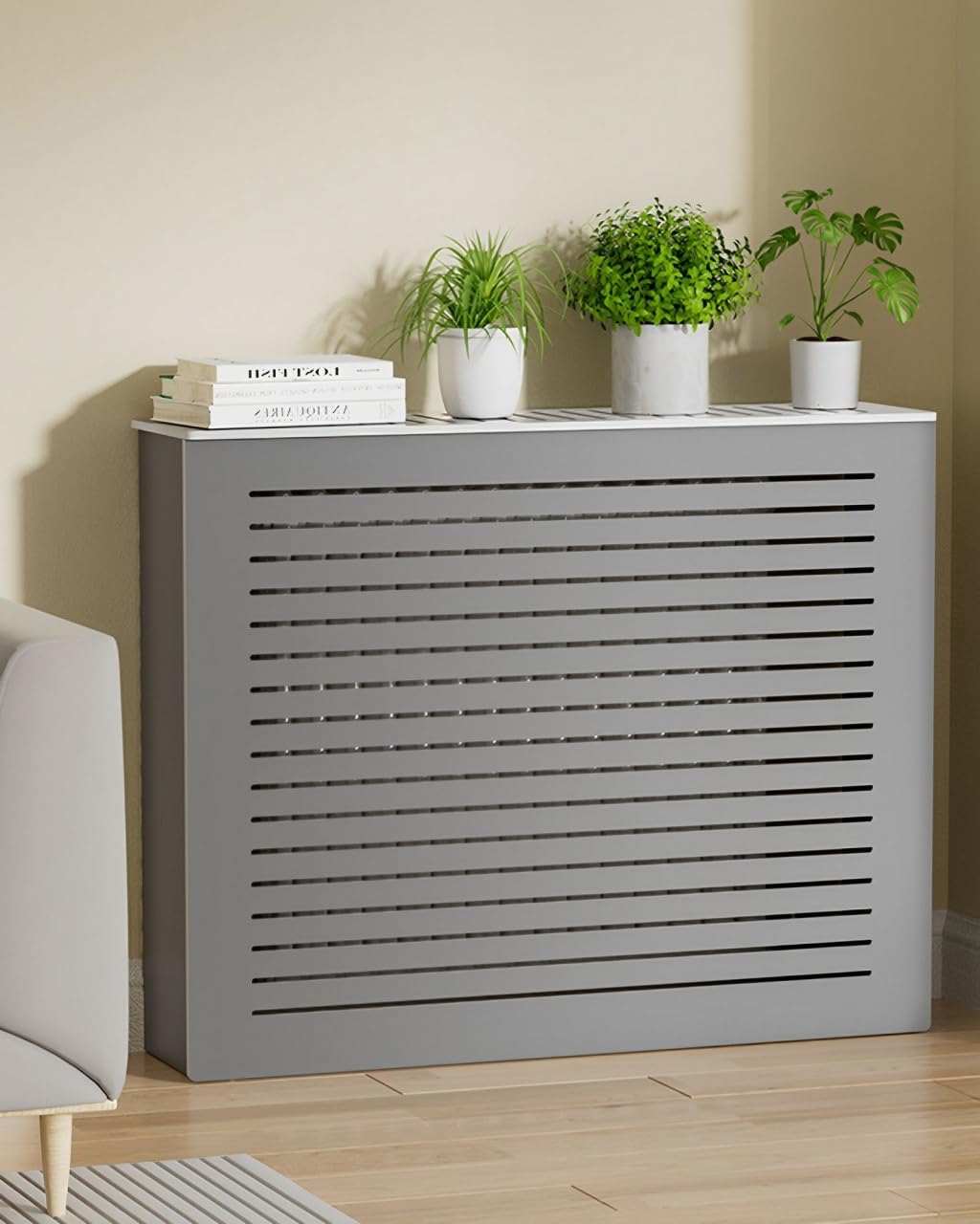 Gray Radiator Cover Louvered Grill Heater Heating Side Stand Cabinet Radiator Covers For Home Wood Heating Cover Storage Organizer Cabinet, Waterproof, Easy To Install(27.6"Lx9.8"Wx23.6"H)