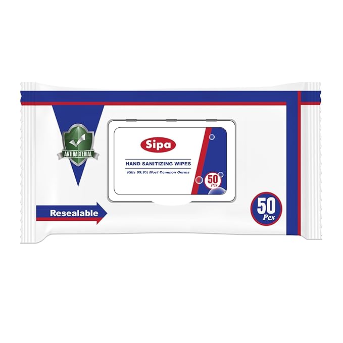 SIPA Hand Sanitizing Wipes 50 WIPES Bag, Clean-to-go, Travel Size, Fresh Scent, Soft Textured Wipes, Total 600 Pieces (PACK OF 12)