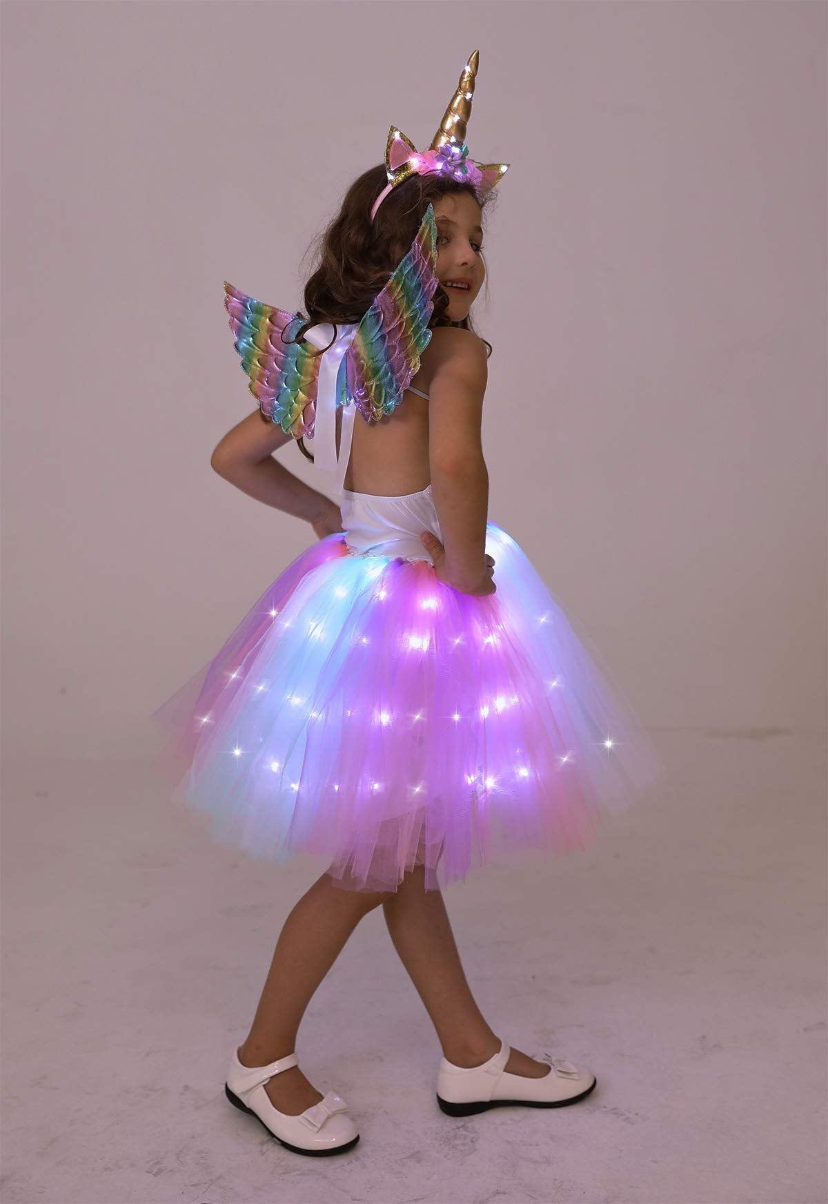 Viyorshop Girls Unicorn Costume LED Light Up Tutu Dress Up Birthday Gifts Princess Dress for Halloween Party(Sequins, 5-6 Years)