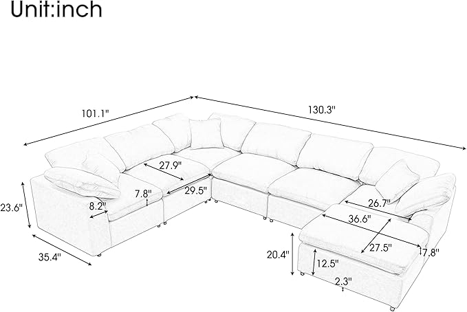 KIVENJAJA 130.3" W Oversized Modular Sectional Cloud Sofa Couch, Large Living Room Furniture Set, 7 Seater Convertible with Ottoman for Large Spaces, Chenille Fabric, Modern Style, Dark Grey