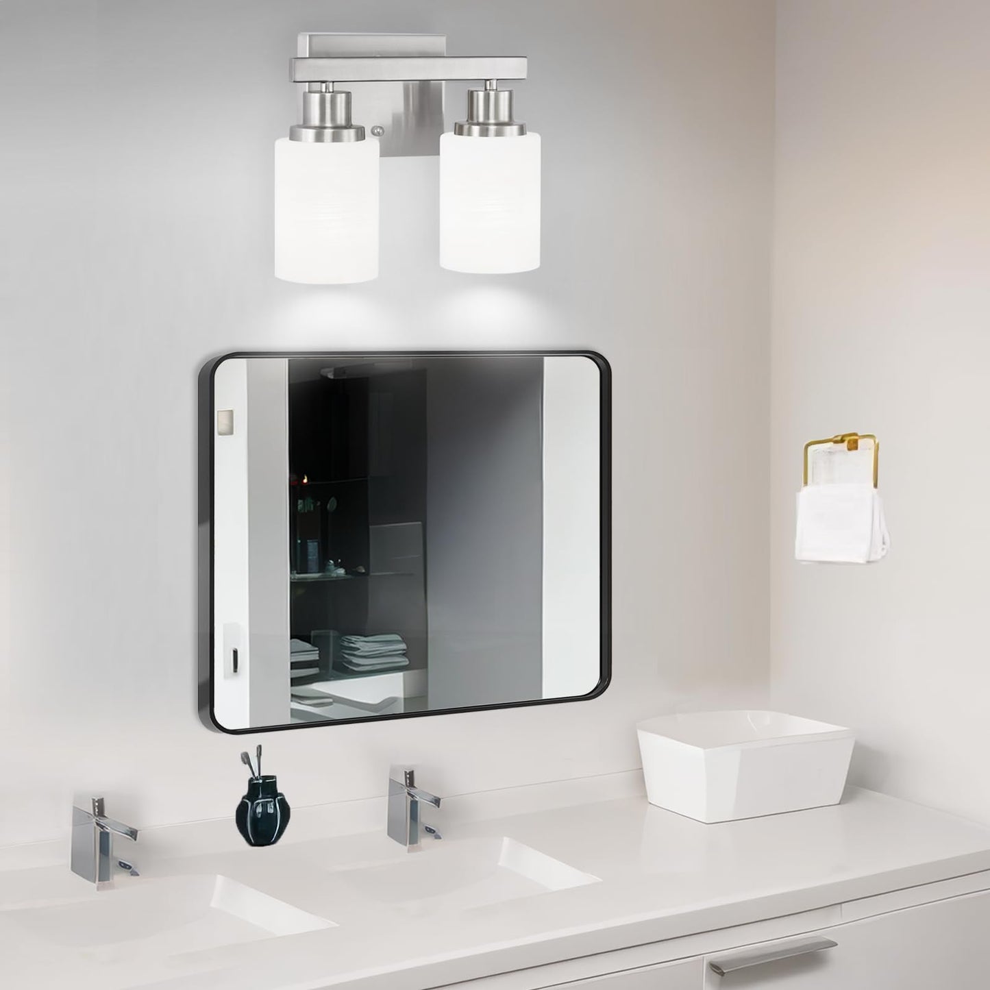 DIKAIDA Bathroom Light Fixtures Over Mirror, 2-Light Modern Nickel Vanity Lights with White Glass Shade, Bathroom Wall Lamp Sconces for Mirror Bedroom, Living Room Hallway Small Space