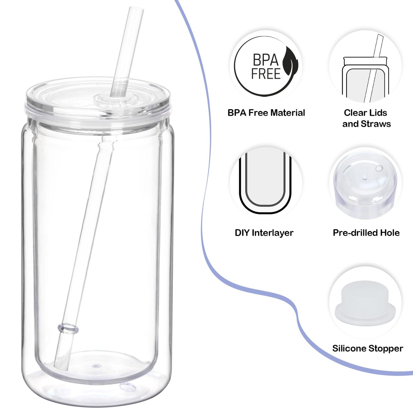 Tswofia 8 Pack plastic Snow Globe Tumbler, 16 Oz Double Wall Plastic Can with Lid and Straw, Plastic Mason Jar Mug for Snow Globe Glitter DIY Gift (Clear)