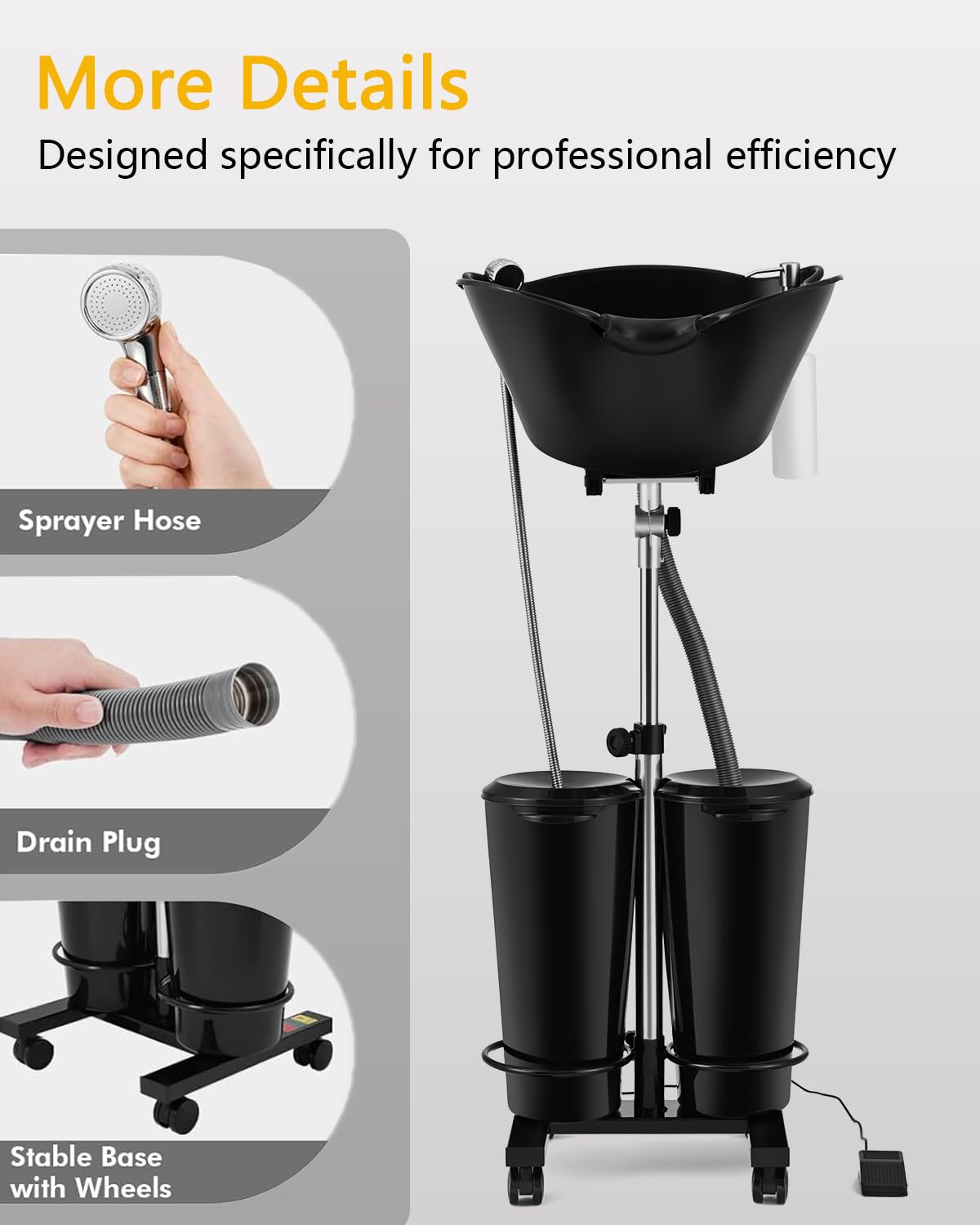 Artist hand Portable Shampoo Bowl with Electric Pump, Portable Hair Washing Sink for Home & Barber, Adjustable Height, Dual-Bucket Design, Drain Hoses, High-Pressure Sprayer, Foot Pedal Switch, Black