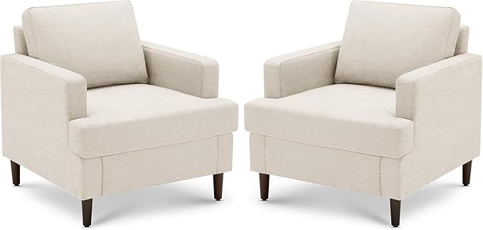 Weture Mid-Century Accent Chair,Modern Linen Fabric Armchair for Living Room,Comfy Upholstered Reading Accent Chairs for Bedroom,Single Sofa Chair with Wood Legs (Beige, 2 Pack)