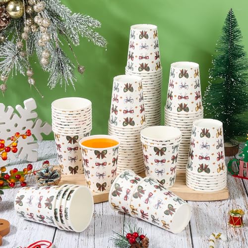 Houuqe 100 Pcs 9 oz Christmas Ribbons Bows Paper Cups Disposable Coquette Bowknot Coffee Cups Hot Cocoa Chocolate Paper Cu...