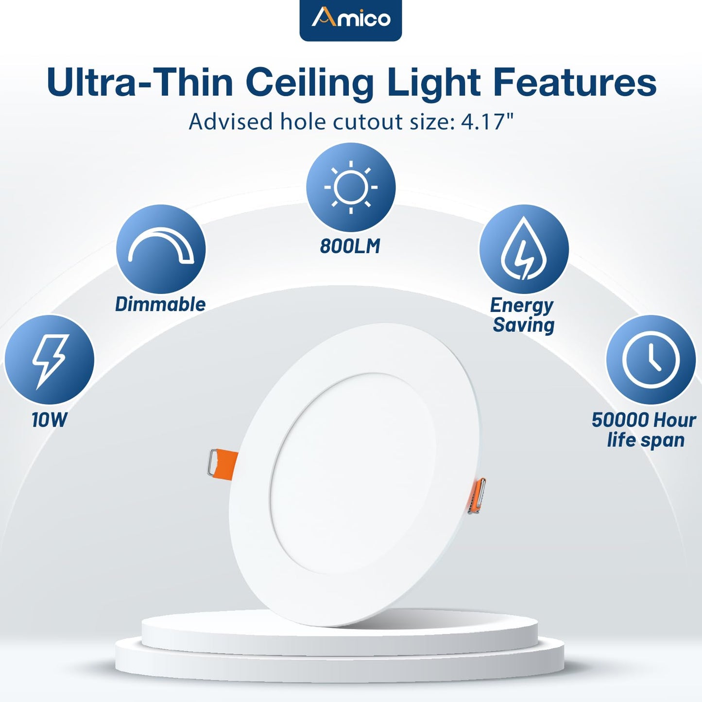 Amico 48 Pack 4 Inch 5CCT Ultra-Thin LED Recessed Dimmable Ceiling Light with Junction Box, 2700K/3000K/3500K/4000K/5000K Selectable, 10W Eqv 60W, 800 Lumens, High Brightness Downlight - ETL&FCC