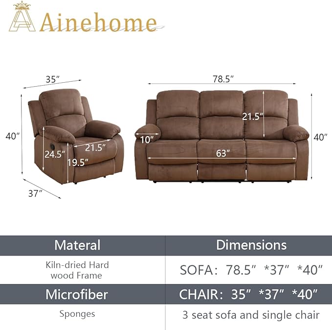 A Ainehome Living Room Furniture Set Brown Corduroy Recliner Sofa Set Loveseat Chair Furniture Sofa Set for Living Room/Rv/House/Theater Seating (A-Taupe Brown Corduroy, Sofa+Chair)