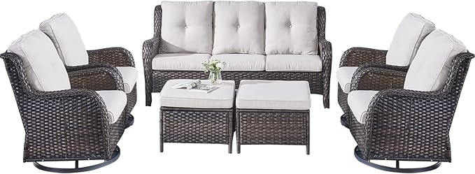 Rilyson Wicker Patio Furniture Set - 7 PC Rattan Outdoor Sectional Conversation Sets with 4 Swivel Rocking Chairs,2 Ottomans and 1 Sofa for Porch Deck Garden(Brown/Beige)