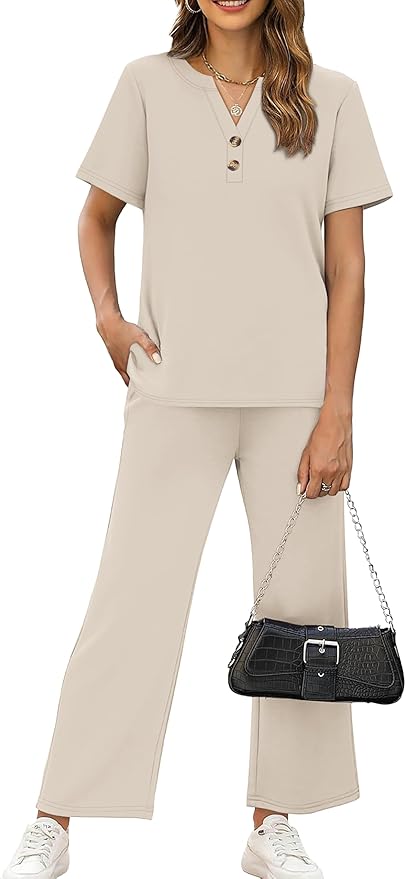 OFEEFAN 2 Piece Sets for Women Spring Fashion Beach Vacation Cruise Outfit Dressy Casual Wide Leg Crop Pants Resort Wear