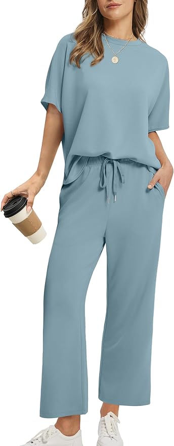 Sampeel Two Piece Sets for Women Summer Outfits Oversized Wide Leg Crop Pants Lounge Sets Airport Beach Vacation Clothes