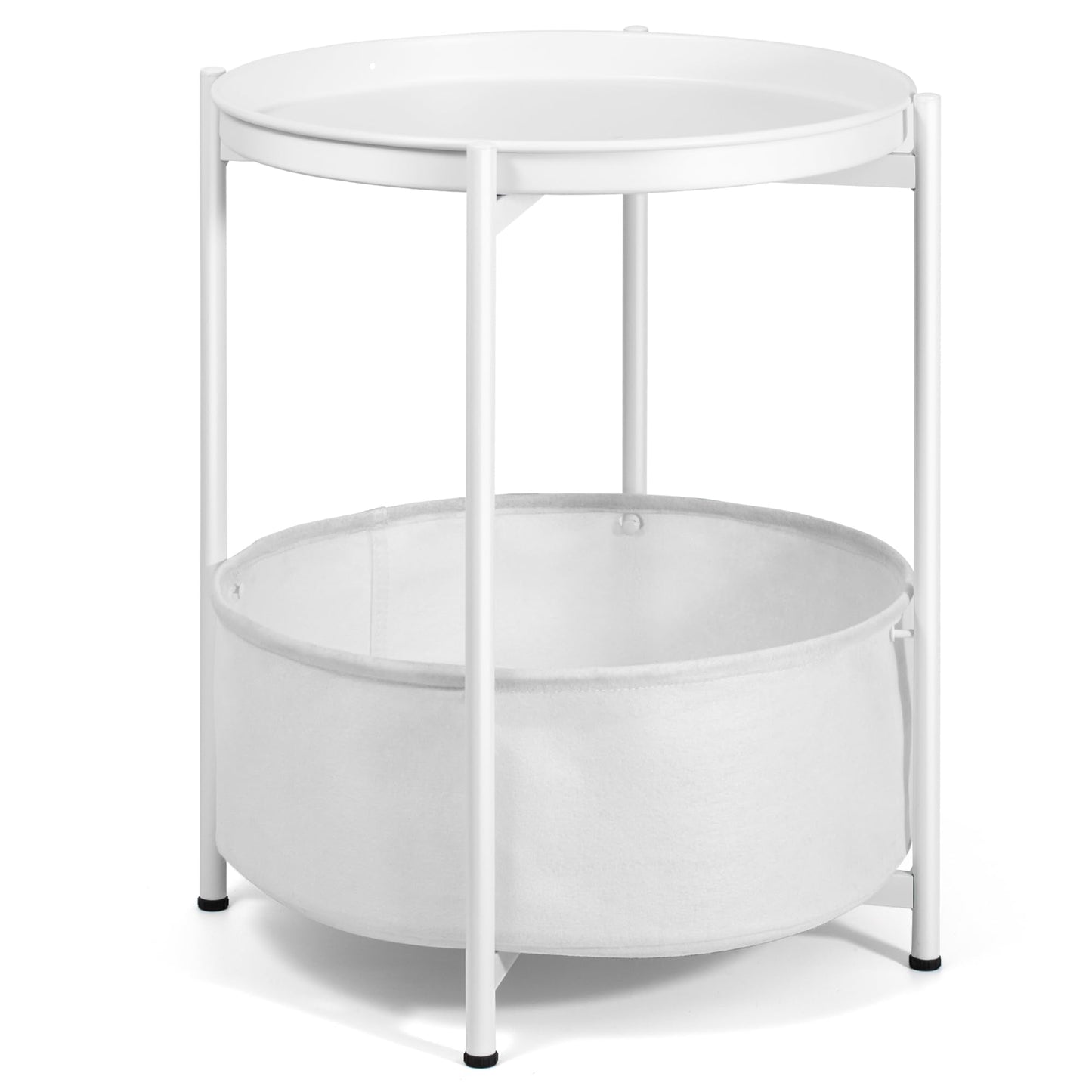 Luwesde Round Side Table, White End Table with Storage Basket, Metal Night Stand with Removable Tray, Small Bedside Table for Living Room, Bedroom, Nursery (White)