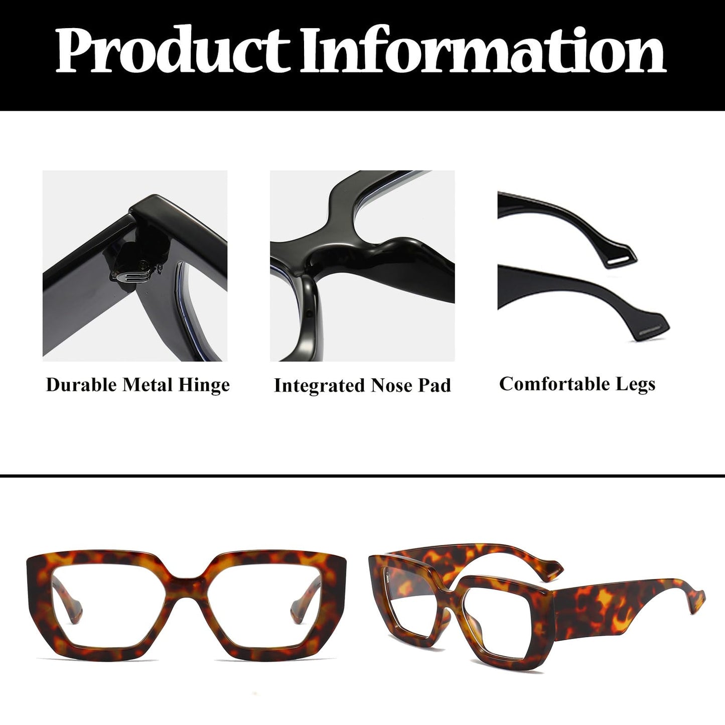 Ljczka Thick Frame Blue Light Glasses Women Men Oversized Fashion Square Computer Glasses Anti Eyestrain Eyeglasses (Leopard)