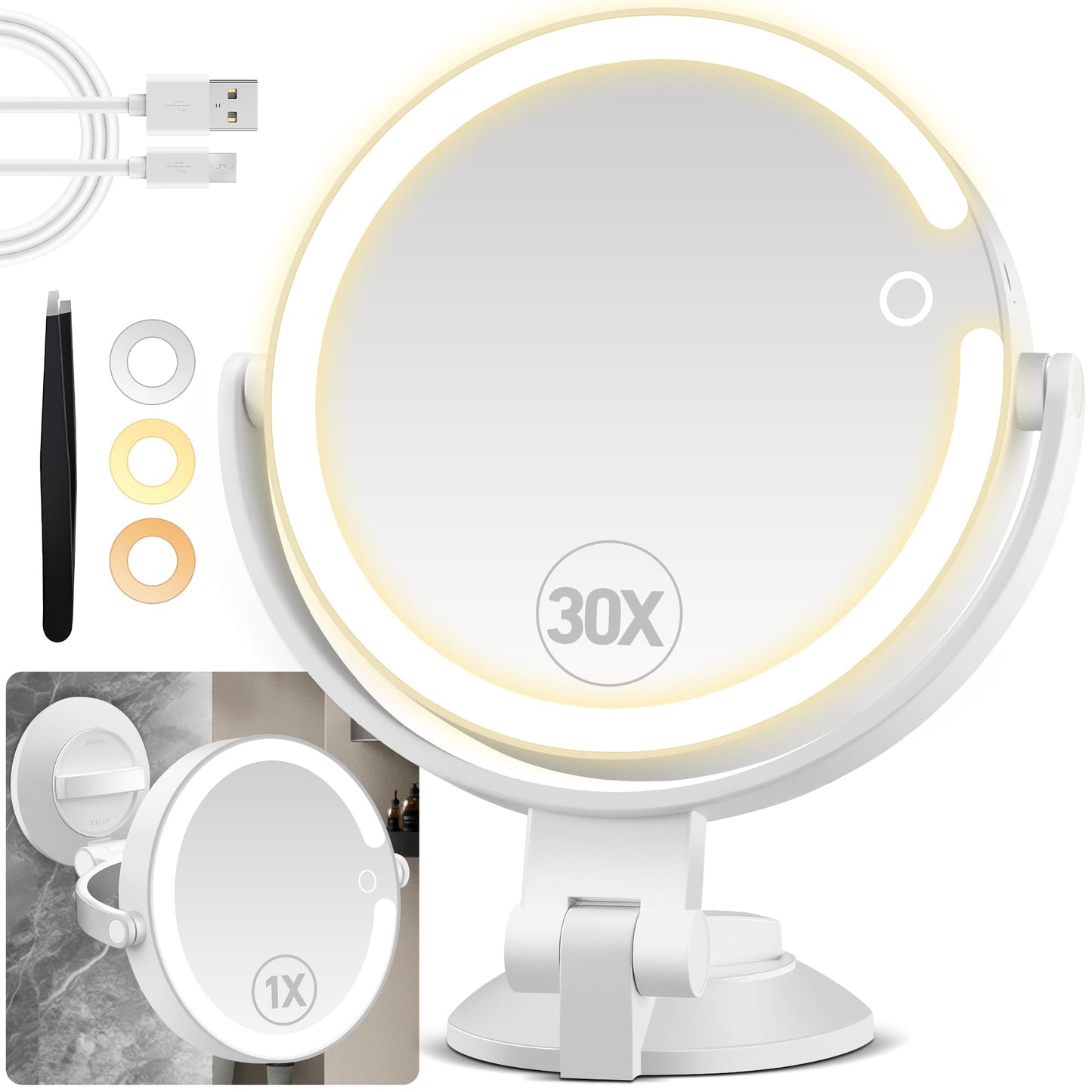 30X/1X Magnifying Mirror Suction Cup with Powerful Locking, Wall Mounted Makeup Mirror, Shaving Mirror for Bathroom, Detachable