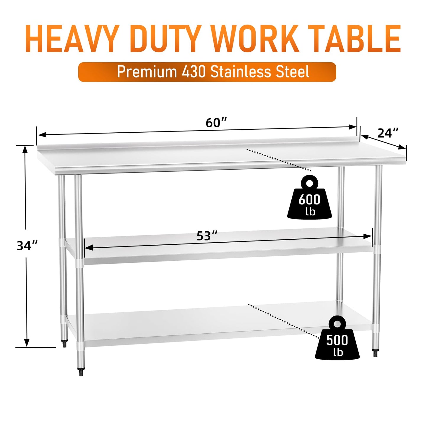 HOCCOT Stainless Steel Table 24" x 60" with 2 Adjustable Undershelves and Backsplash, Commercial Metal Workstations for Kitchen, Garage, Outdoor BBQ