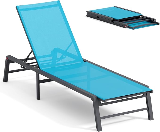 FHVIT Aluminum Chaise Lounge Chair Outdoor, Foldable Patio Lounge Chair Assemble-Free, Pool Lounge Chairs with 5 Adjustable Backrest, Outdoor Lounge Chairs for Outside Poolside Beach Lawn Blue