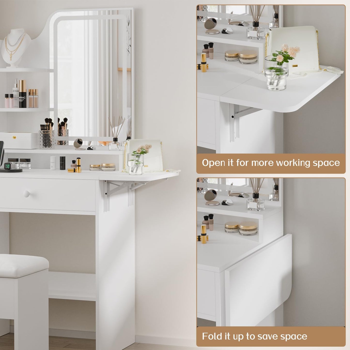 FUXA Small Vanity with Chair, Makeup Vanity Desk with LED Mirror and 3 Light Modes, Girls Vanity Set with Charging Station, Compact Vanity Table with Foldable Top for Small Spaces, White