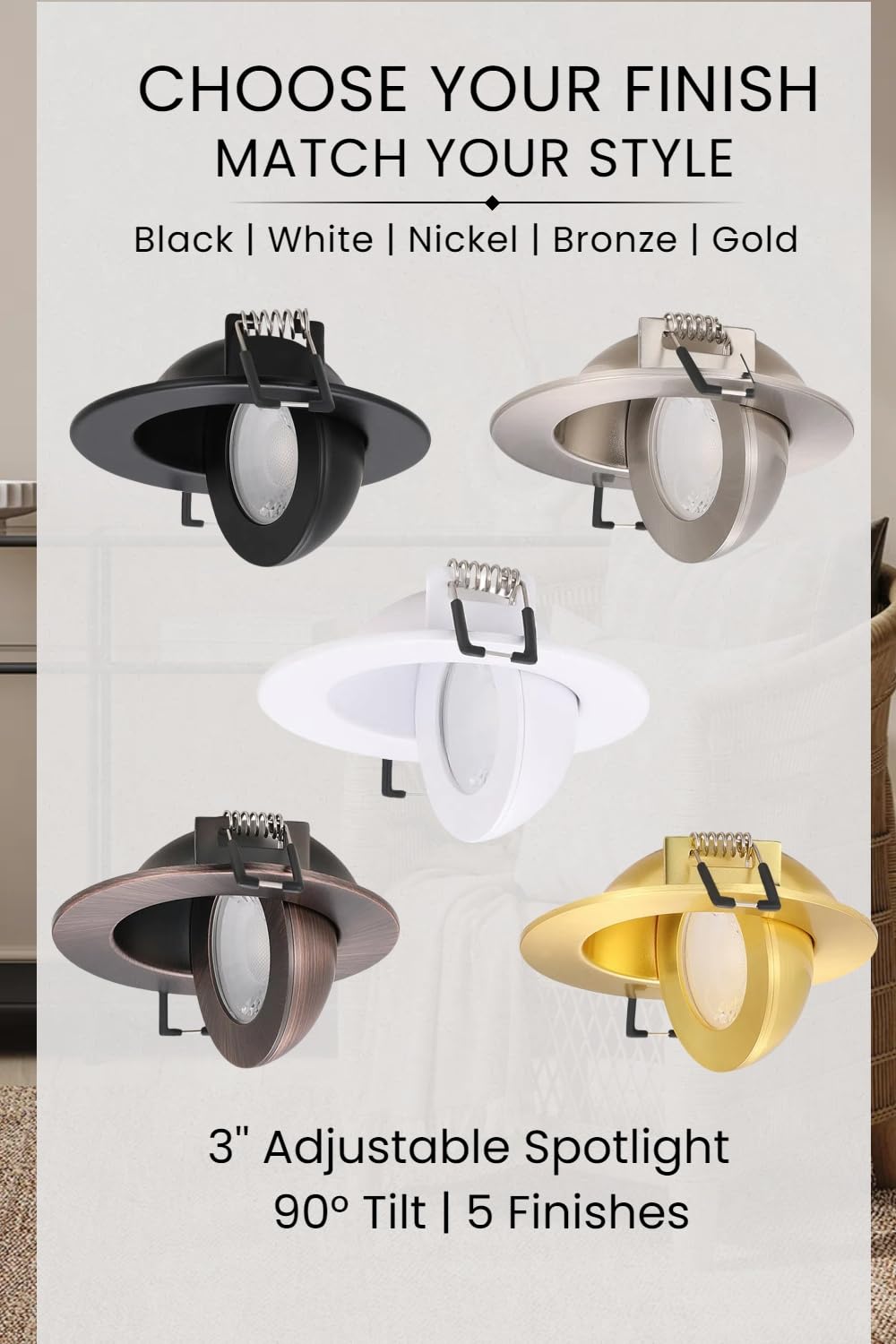 Gold Recessed Lighting Fixtures 3inch - 7W Canless CCT Selectable Gimbal Ceiling LED Recessed Lights,Dimmable Indoor Swivel Downlight for Accent Lighting,360° Adjustable 90° Tilt Spotlights 6Pack Gold