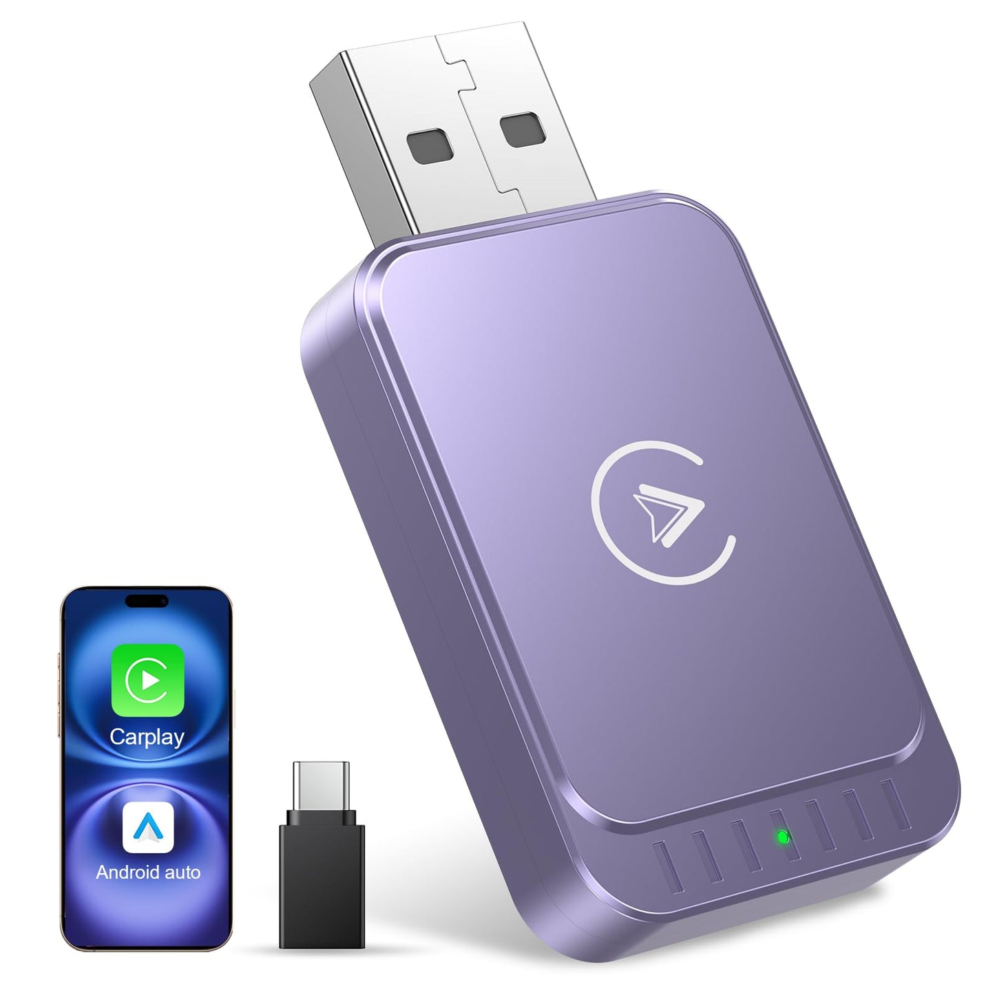 AuroraLink Wireless Carplay & Android Auto Wireless Adapter 2-in-1 Fast & Stable Carplay Wireless Adapter Convert Wired to Wireless Car Play Dongle for iOS 10+/Android 11+ (Purple)