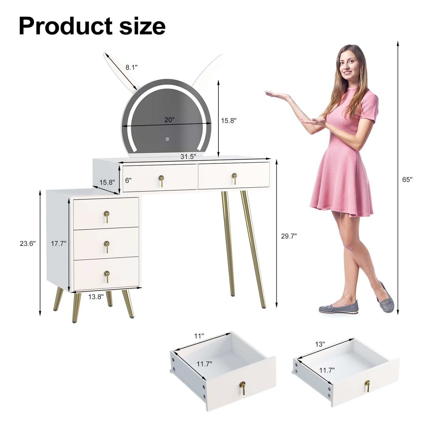 MUSSTUFIC Vanity Desk with Mirror and Lights,Makeup Table with 5 Drawers and Led Lighted Mirror in 3 Colors for Bedroom,Dressing Table(White)
