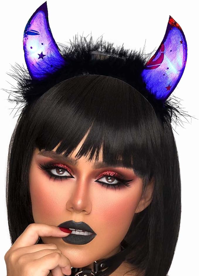 Gangel Light Up Halloween Headbands LED Devil Horns Headband Glittering Cow Horn Headpiece Festive Hair Accessories for Women