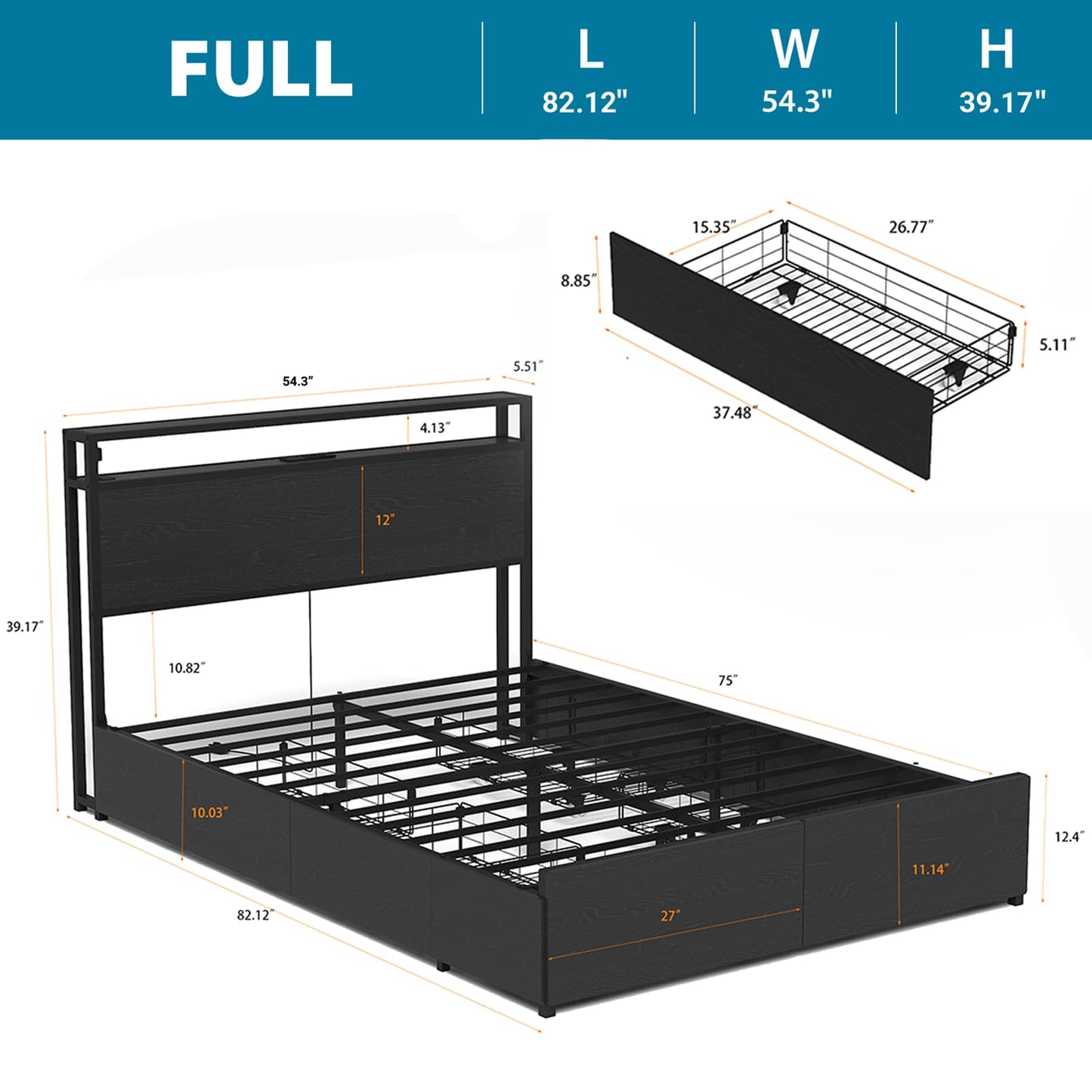 Kiivakii Full Size Bed Frame with Headboard, LED Platform Bed with 6 Storage Drawers, Built in Charging Station, Noise-Free, Metal Support Base, No Box Spring Needed, Black