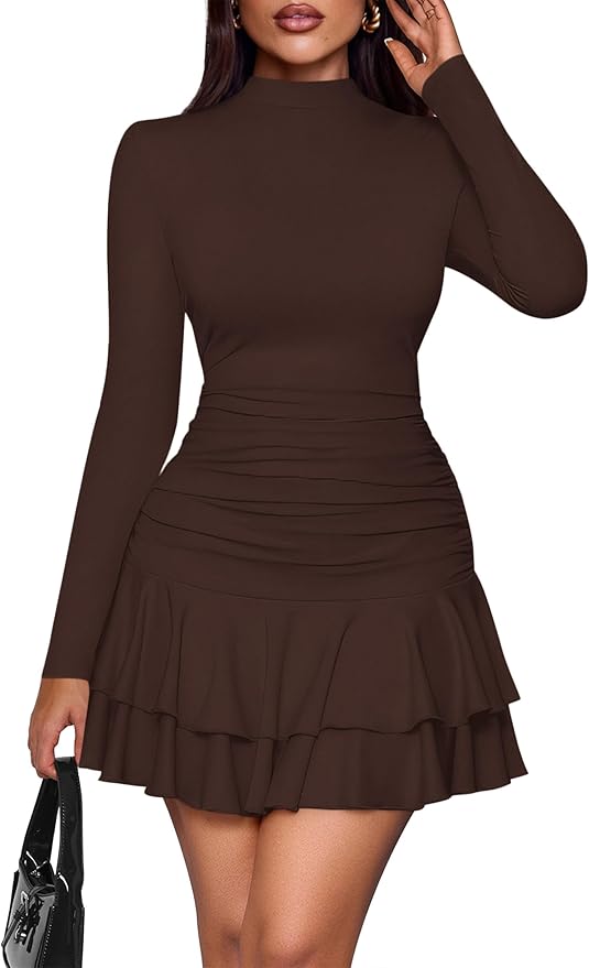 PRETTYGARDEN Womens Spring Long Sleeve Dresses 2026 Mock Neck Ruched Y2K Clothes Ruffle Layered Bodycon Mini Party Dress
