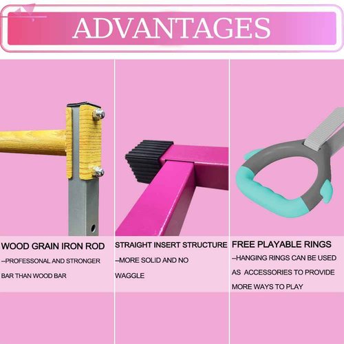 GLANT Gymnastics Bar for Kids with Rings Set, 7 Heights Adjustable Easy Folding Gymnastic Training Bar Kids Monkey Horizontal Bars - Max Load 300LBS (Pink)