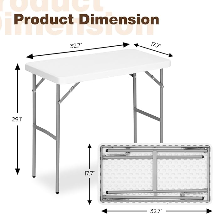 2.7ft Rectangular Folding Table for All-Occasion, Foldable Table with HDPE Tabletop and Steel Legs, Durable and Stable Small Folding Table, Perfect for Camping, Picnic, Party, Indoor & Outdoor