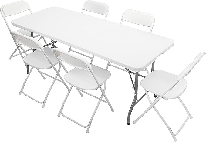 VINGLI 6 FT Plastic Folding Table Set with 6 White Folding Chairs for Picnic, Event, Training, Outdoor Activities, at Home...
