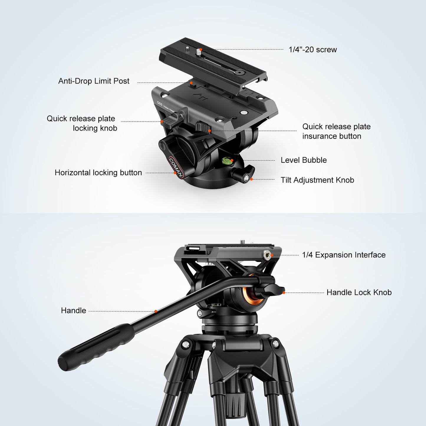COMAN 74.4" Video Tripod, Heavy Duty Camera Tripod with Fluid Head and Aluminium Alloy Max Load 17.6 lbs/ 8KG for Canon Nikon DSLR Camcorder, DF16LS