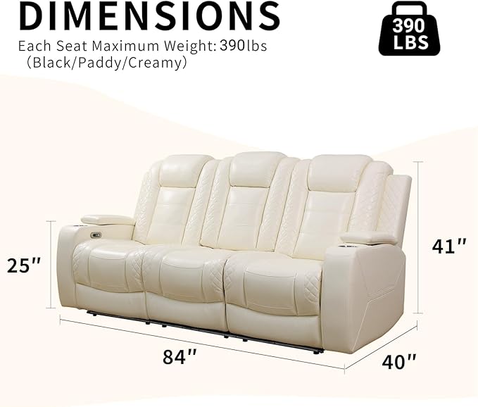 Caberryne Power Recliner Sofa with LED Lights,Leather Reclining Couch with Double Recliner/USB Port/Coffee Table/Cup Holder for House/Home Theater(3 Seater Sofa,Creamy)