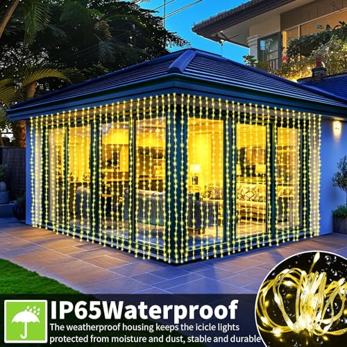 Ryblgled Battery Operated Curtain Lights 300 LED - 10ftx10ft Warm White Battery Power Fairy Curtain String Lights with Rem...