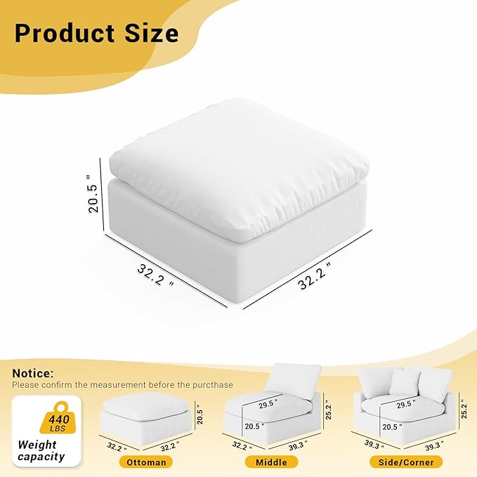 Gtilzria Ottoman,Down Filled Comfort Footrest,Modular Sectional Cloud Sofa for Living Room,Removable Washable Cushion Covers Couch for Apartment,White