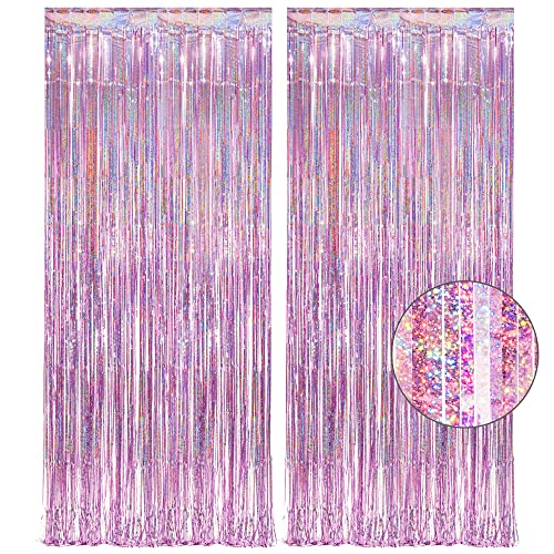 Pink Tinsel Curtain Party Backdrop - GREATRIL Foil Fringe Curtain Lilac Pink Party Streamers for Birthday Girl Princess Ba...