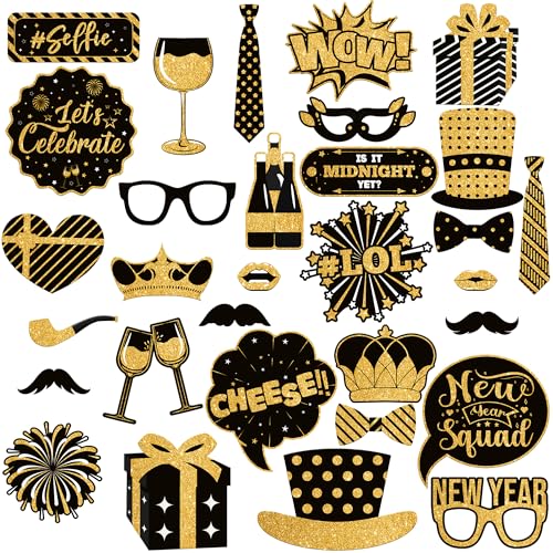 Katchon, 30 Pcs, Glitter New Years Photo Booth Props | NYE Photo Booth Props for New Years Eve Party Supplies 2026 | New Y...