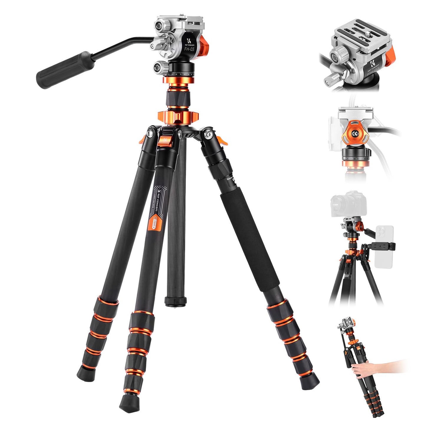 K&F CONCEPT Tripod for Camera，68'' Carbon Fiber Tripod with Fluid Head Max Load 11lb, Lightweight DSLR Camera Tripods & Monopods for Canon Sony Nikon.