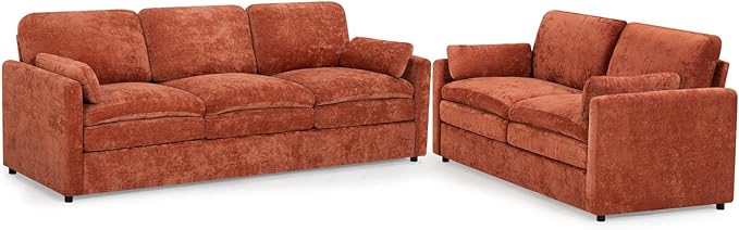 ACMEASE 2 Pieces Chenille Sofa Set w/Arm Pillows, Upholstered Loveseat & 3 Seater Sofa w/Comfortable Back Cushions, Modern 2-Seat & 3-Seat w/High-Density Foam for Living Room, Apartment, Orange