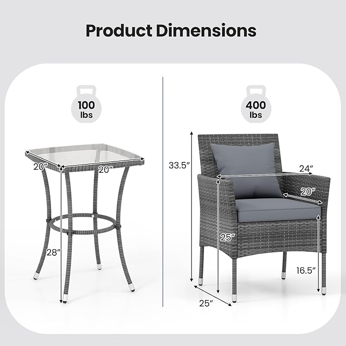 KOTEK 3 Pieces Patio Furniture Set, PE Rattan Outdoor Conversation Set with Tempered Glass Table & Soft Cushions, Wicker Bistro Set for Garden, Porch, Balcony (Grey)