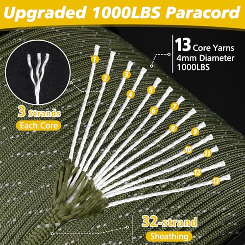 X XBEN Paracord Reflective 1000lb, 50/100/200/500/1000ft 4mm, 13 Strand Paracord Rope, Tactical Parachute Cord for Campin...