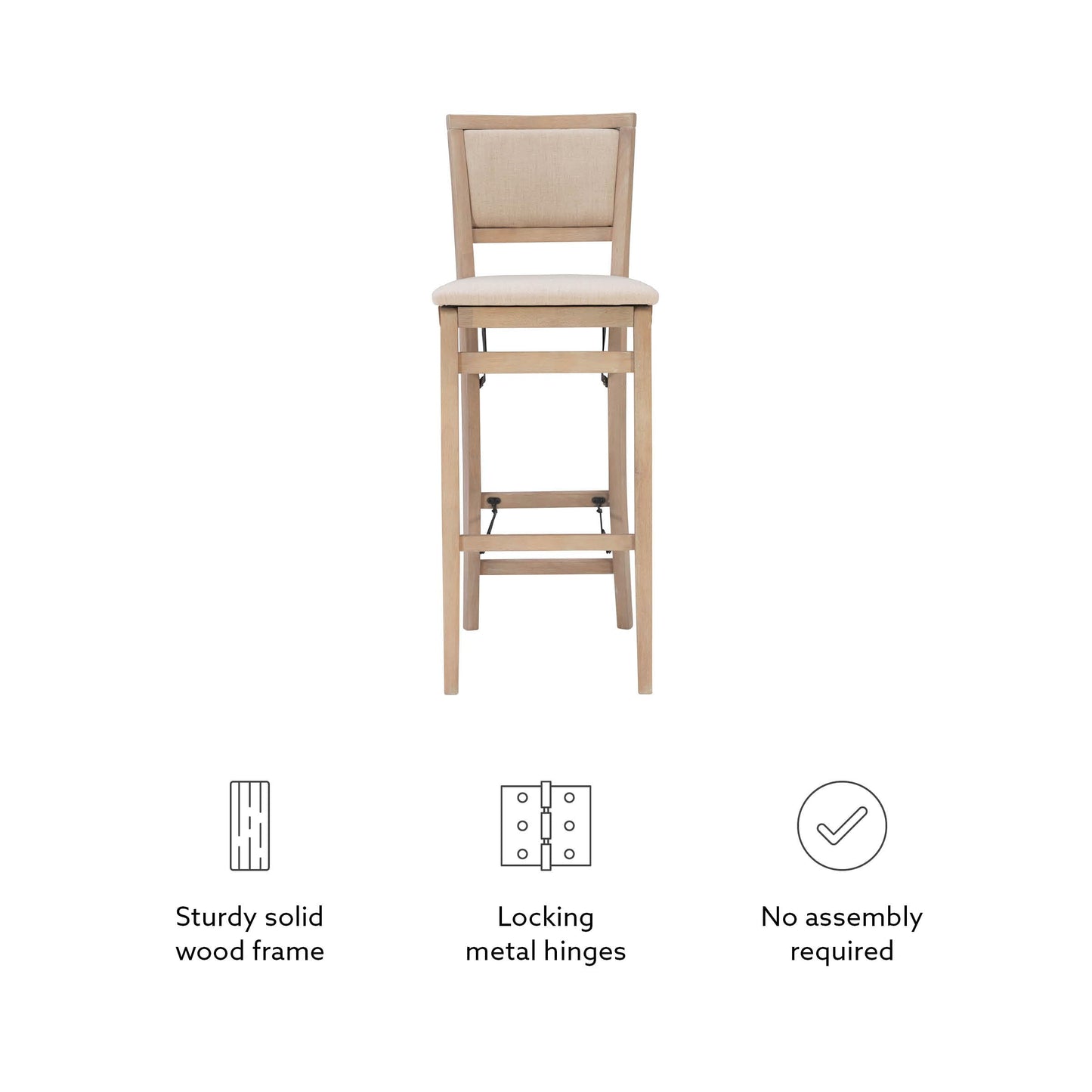 Linon Keira Natural Rustic Wooden Folding Barstool with Beige Upholstered Seat and Back
