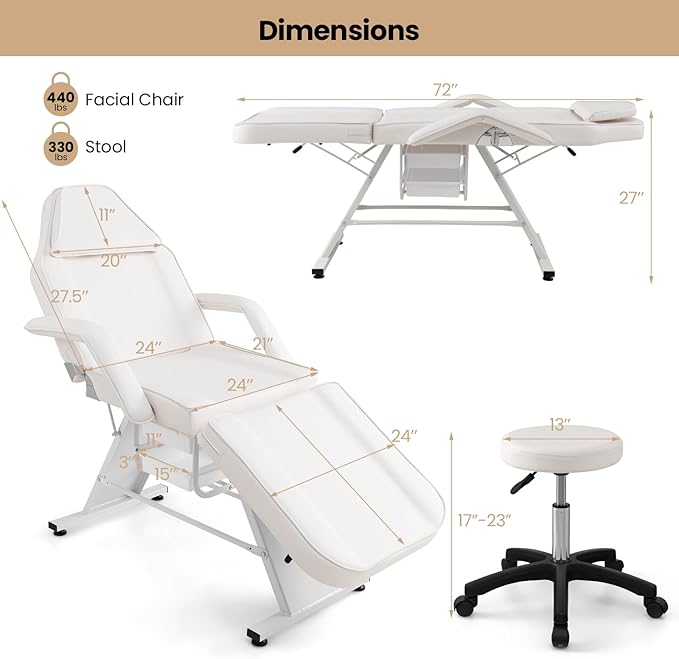 Giantex 72" Massage Bed with Hydraulic Stool, 3-Section Tattoo Chair with Adjustable Backrest, Legrest & Storage Boxes, Facial Chair for Professional Massage Lash Beauty Treatment Spa (White)